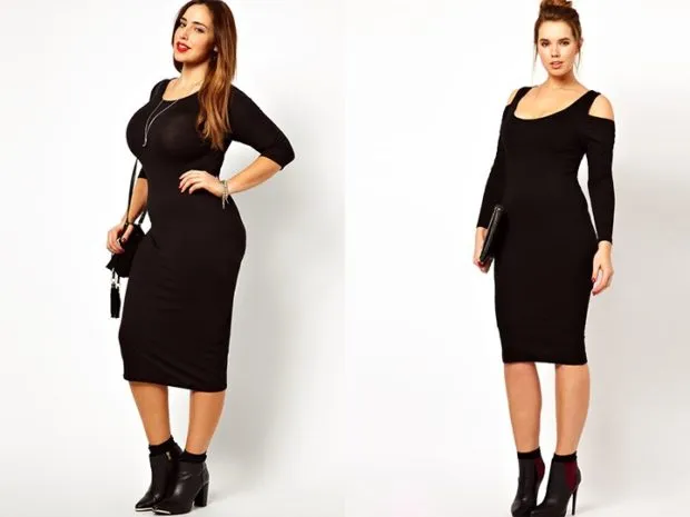 Мода для полных женщин 2020-2021 фото за 40 лет: платья черные миди рукав длинный