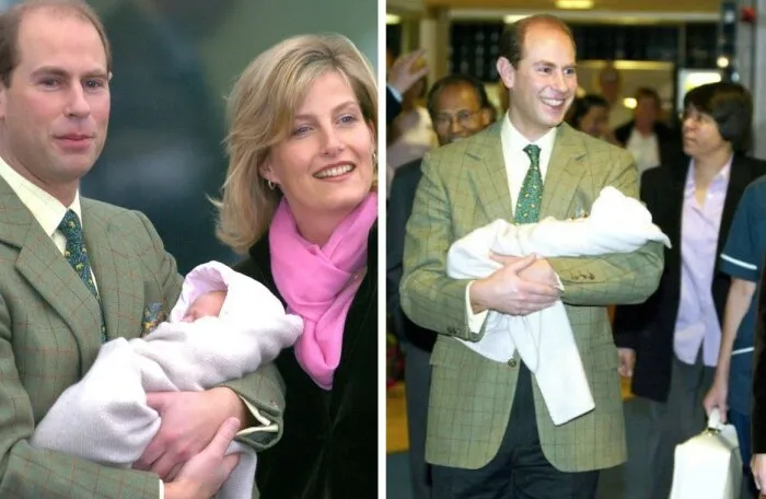 Принц Эдвард и Софи Уэссекская на выписке с роддома с новорожденной Луизой на руках