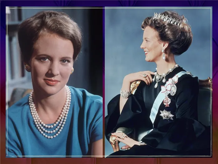 Слева принцесса Дании Маргрете, 1966 год, справа - первая официальная фотография королевы Дании Маргрете II, 1972 год