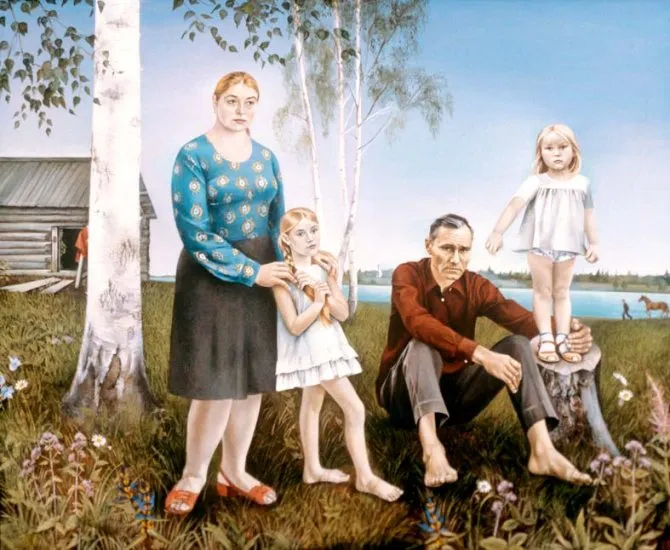 В 1976 году Елена Романова за эту картину, изображающую Василия Макаровича с женой Лидией Федосеевой и дочками, награждена дипломом I степени Академии художеств СССР