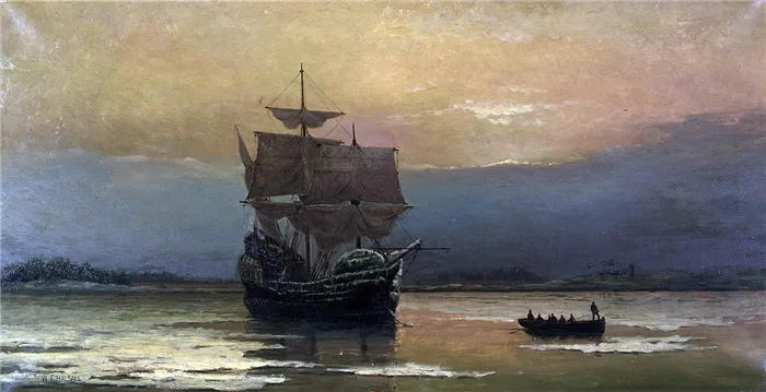 «Мэйфлауэр в гавани Плимута». Полотно Уильяма Холсалла.