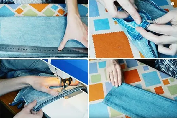 Женщина ушивает джинсы по бокам