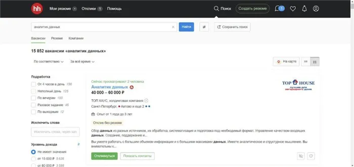 вакансии аналитика данных на hh.ru
