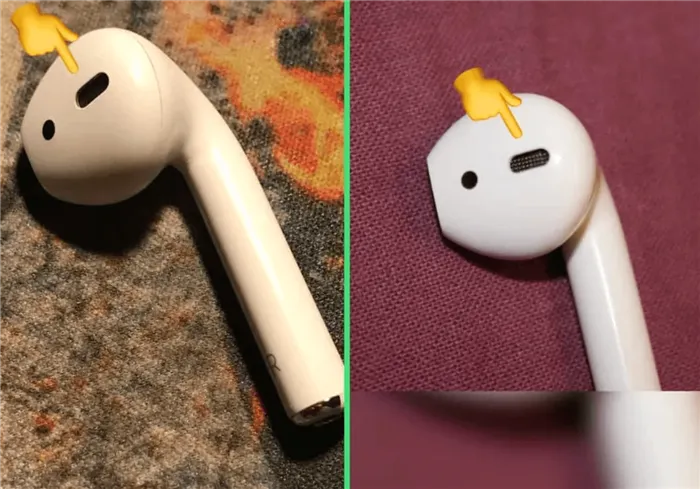 Решетка динамика. Решетка настоящих AirPods (слева) и копии (справа). Фото.